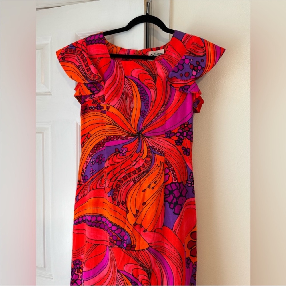 Sun Fashions Hawaii Psychedelic Floral Maxi Dress Pink Orange Mod size 8 - Picture 2 of 8